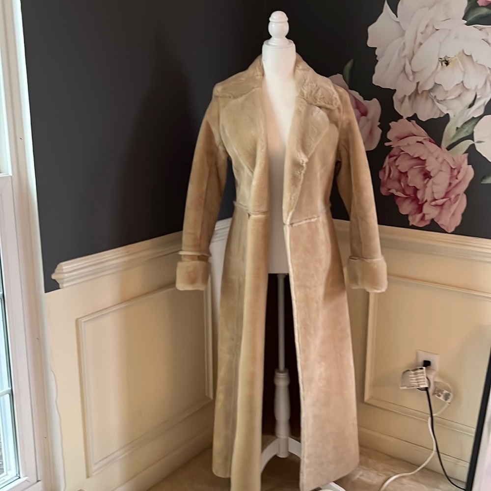 Long leather (suede) coat with faux fur lining